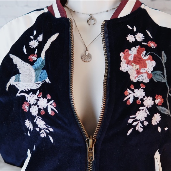 Embroidered Japanese Floral Bird Bomber Jacket - Picture 2 of 6